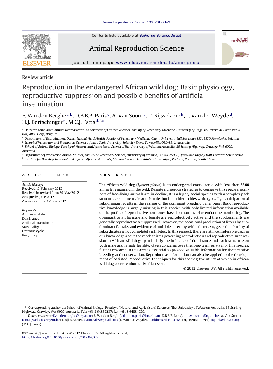 Reproduction in the endangered African wild dog: Basic physiology, reproductive suppression and possible benefits of artificial insemination