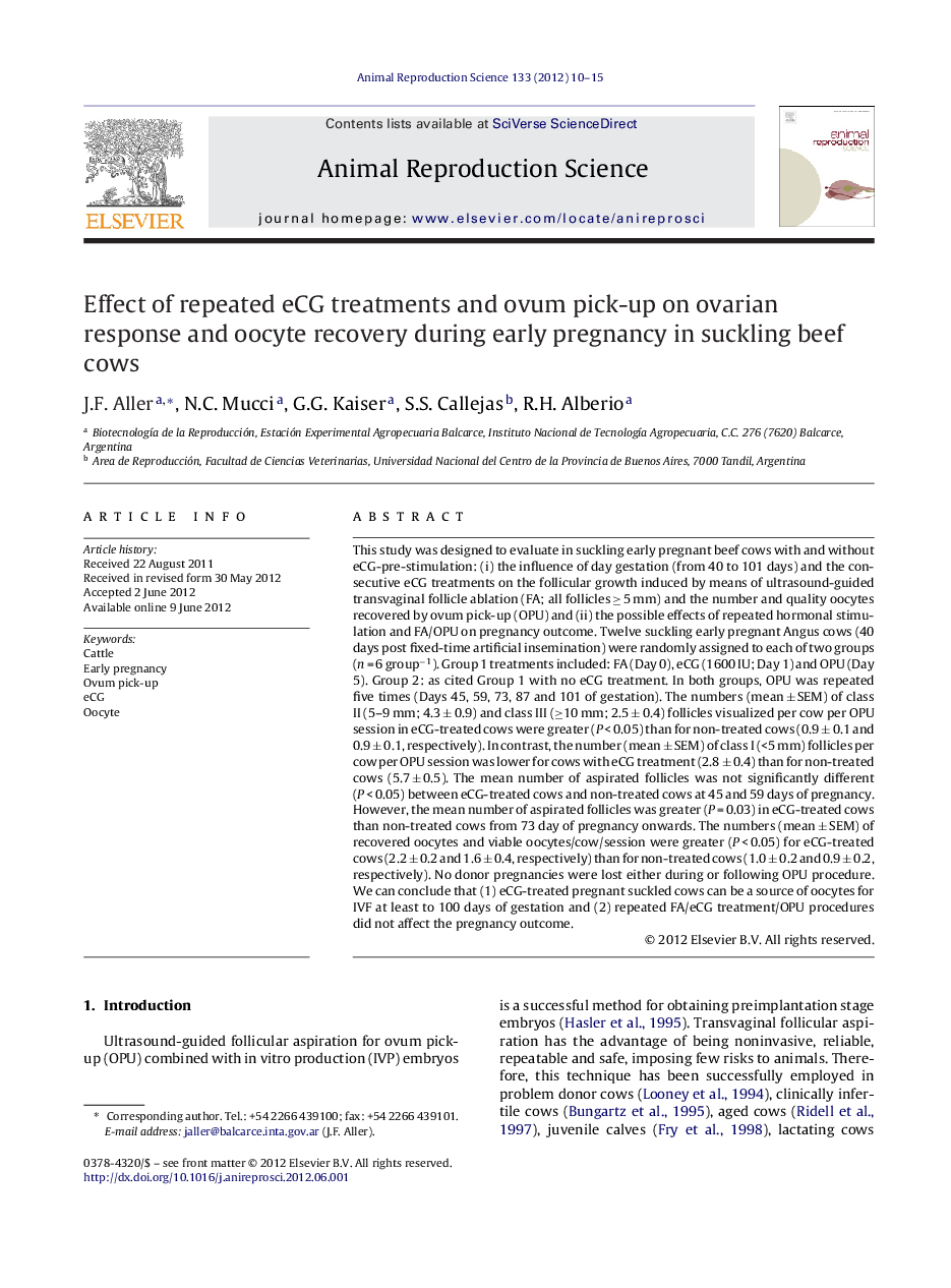 Effect of repeated eCG treatments and ovum pick-up on ovarian response and oocyte recovery during early pregnancy in suckling beef cows