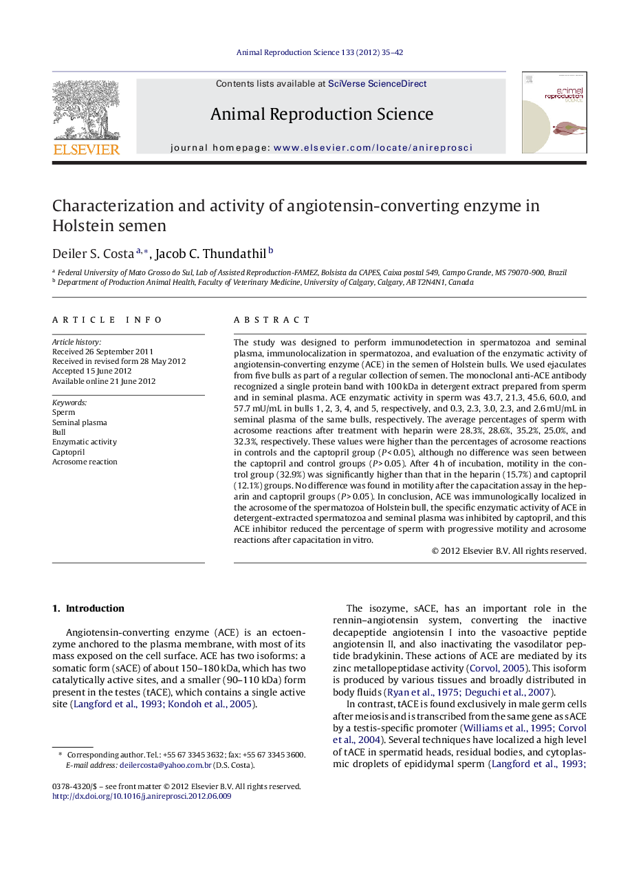 Characterization and activity of angiotensin-converting enzyme in Holstein semen