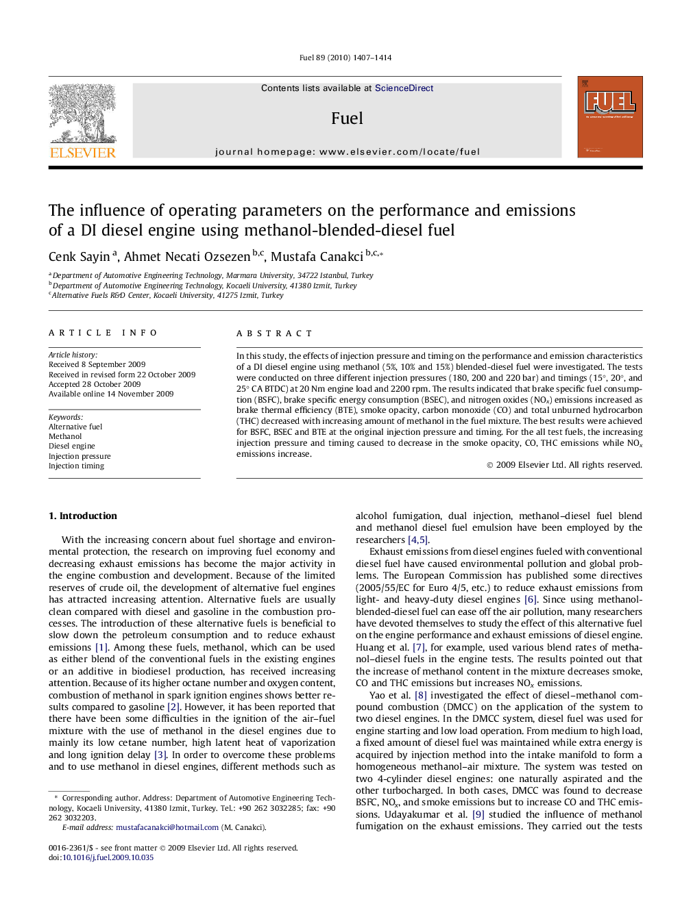 The influence of operating parameters on the performance and emissions of a DI diesel engine using methanol-blended-diesel fuel