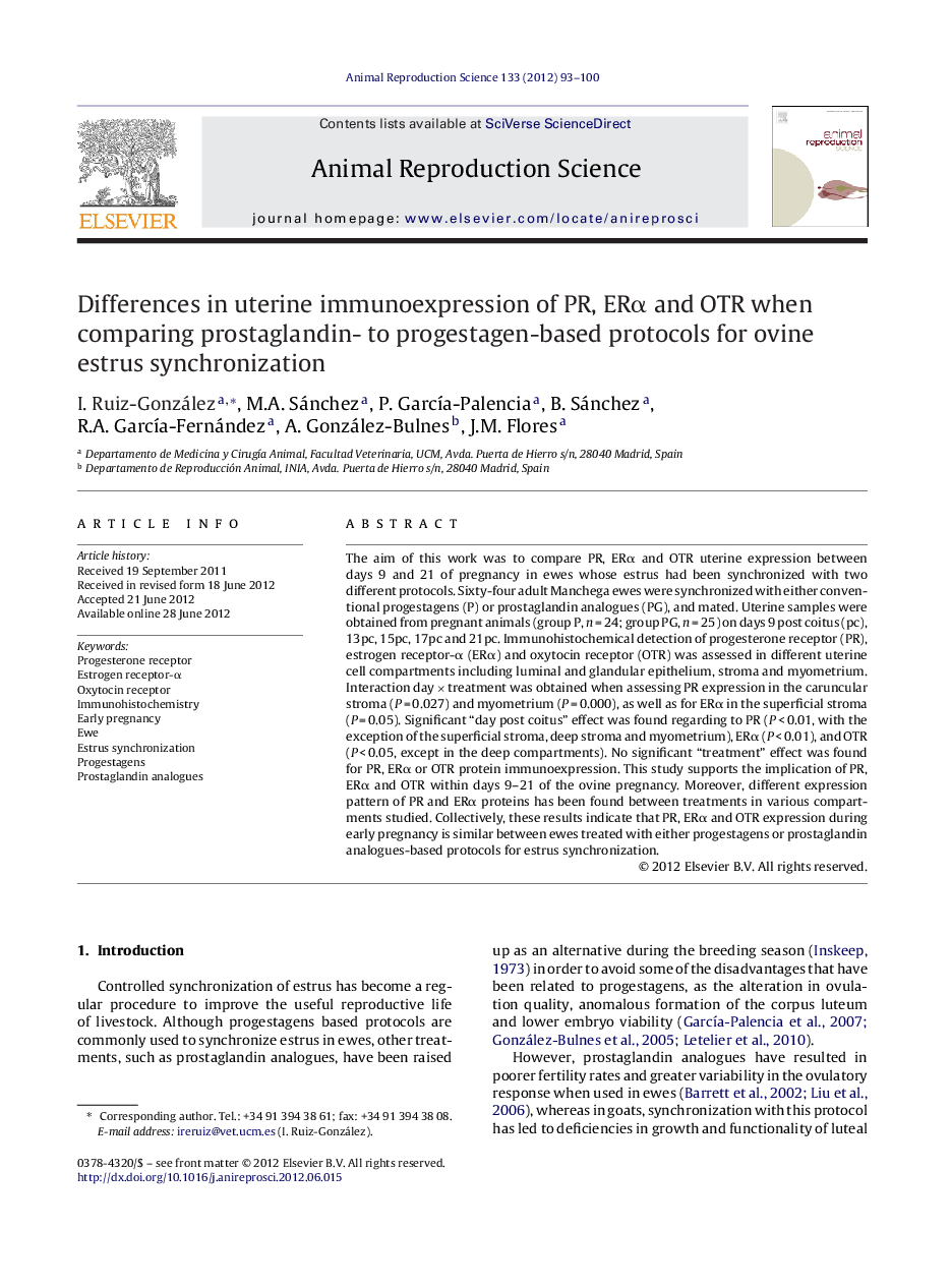 Differences in uterine immunoexpression of PR, ERα and OTR when comparing prostaglandin- to progestagen-based protocols for ovine estrus synchronization