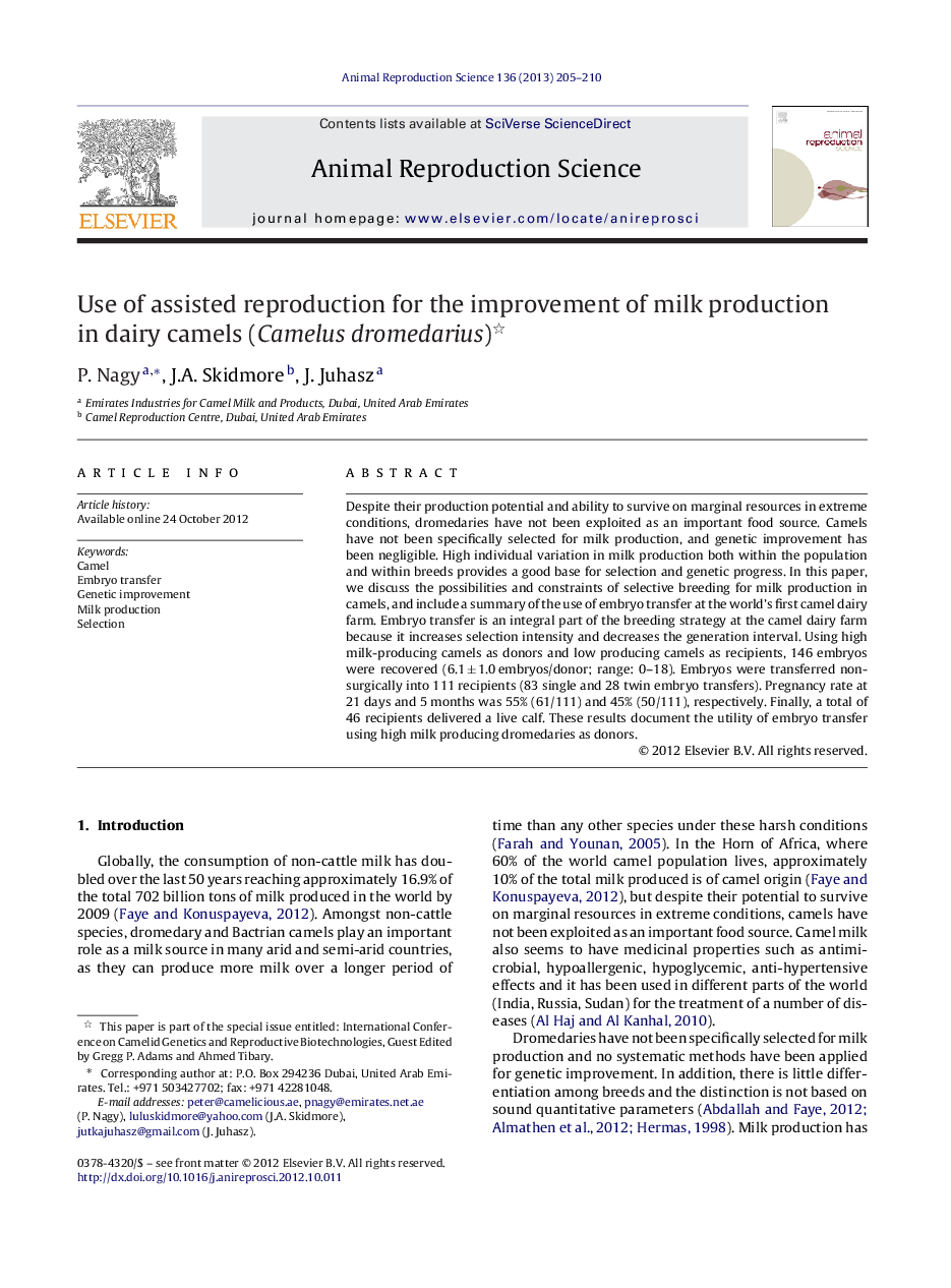 Use of assisted reproduction for the improvement of milk production in dairy camels (Camelus dromedarius) 