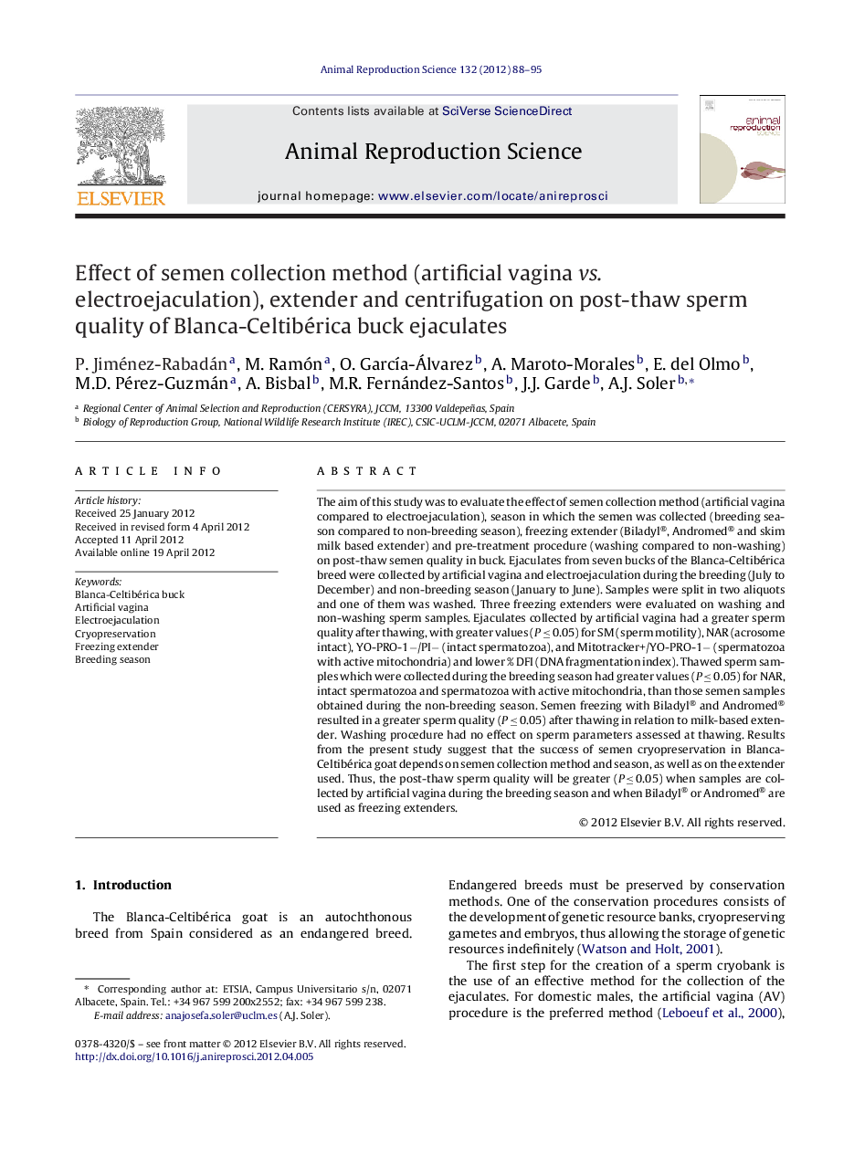 عکس صفحه اول مقاله: Effect of semen collection method (artificial vagina vs. electroejaculation), extender and centrifugation on post-thaw sperm quality of Blanca-Celtibérica buck ejaculates Effect of semen collection method (artificial vagina vs. electroejaculation), extender and centrifugation on post-thaw sperm quality of Blanca-Celtibérica buck ejaculates