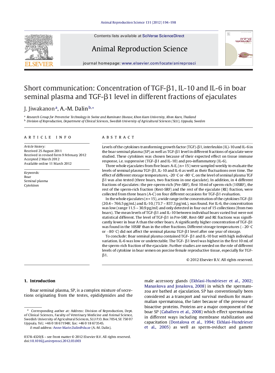 Short communication: Concentration of TGF-β1, IL-10 and IL-6 in boar seminal plasma and TGF-β1 level in different fractions of ejaculates