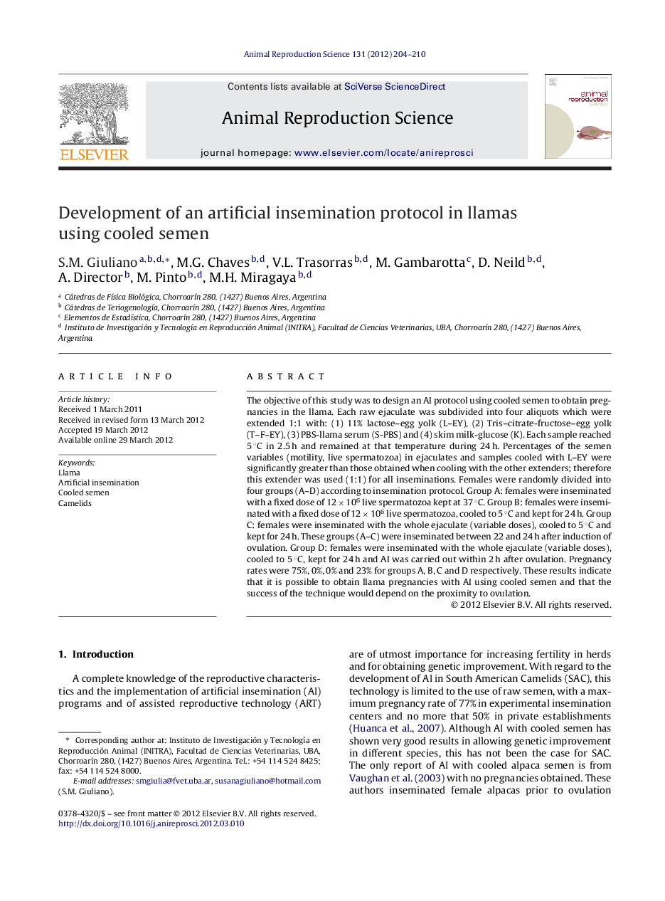 Development of an artificial insemination protocol in llamas using cooled semen