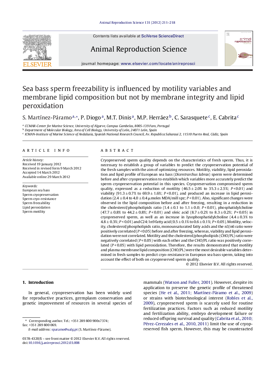 Sea bass sperm freezability is influenced by motility variables and membrane lipid composition but not by membrane integrity and lipid peroxidation