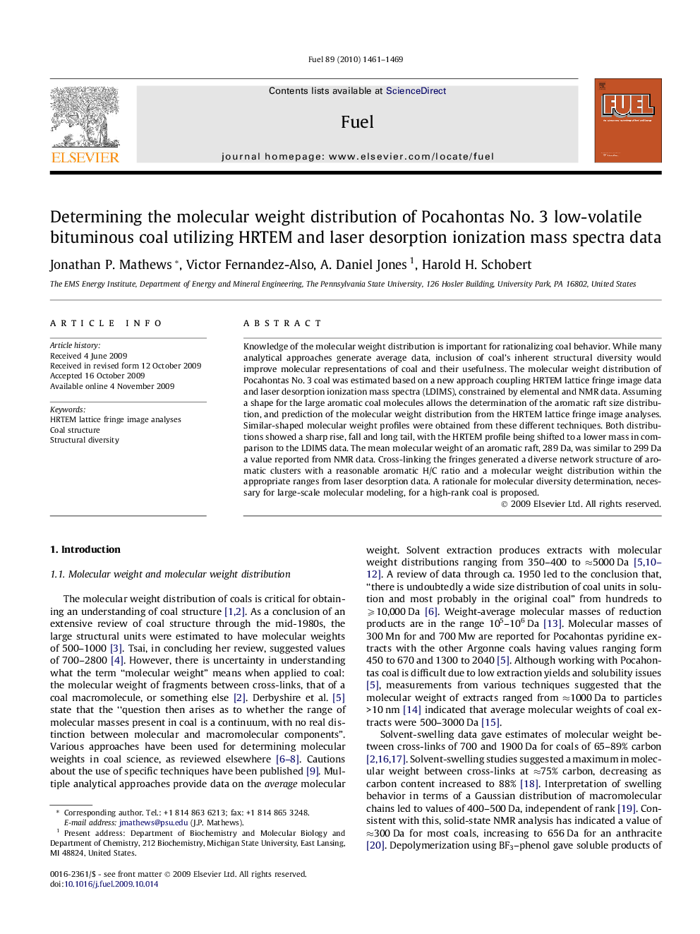 Determining the molecular weight distribution of Pocahontas No. 3 low-volatile bituminous coal utilizing HRTEM and laser desorption ionization mass spectra data