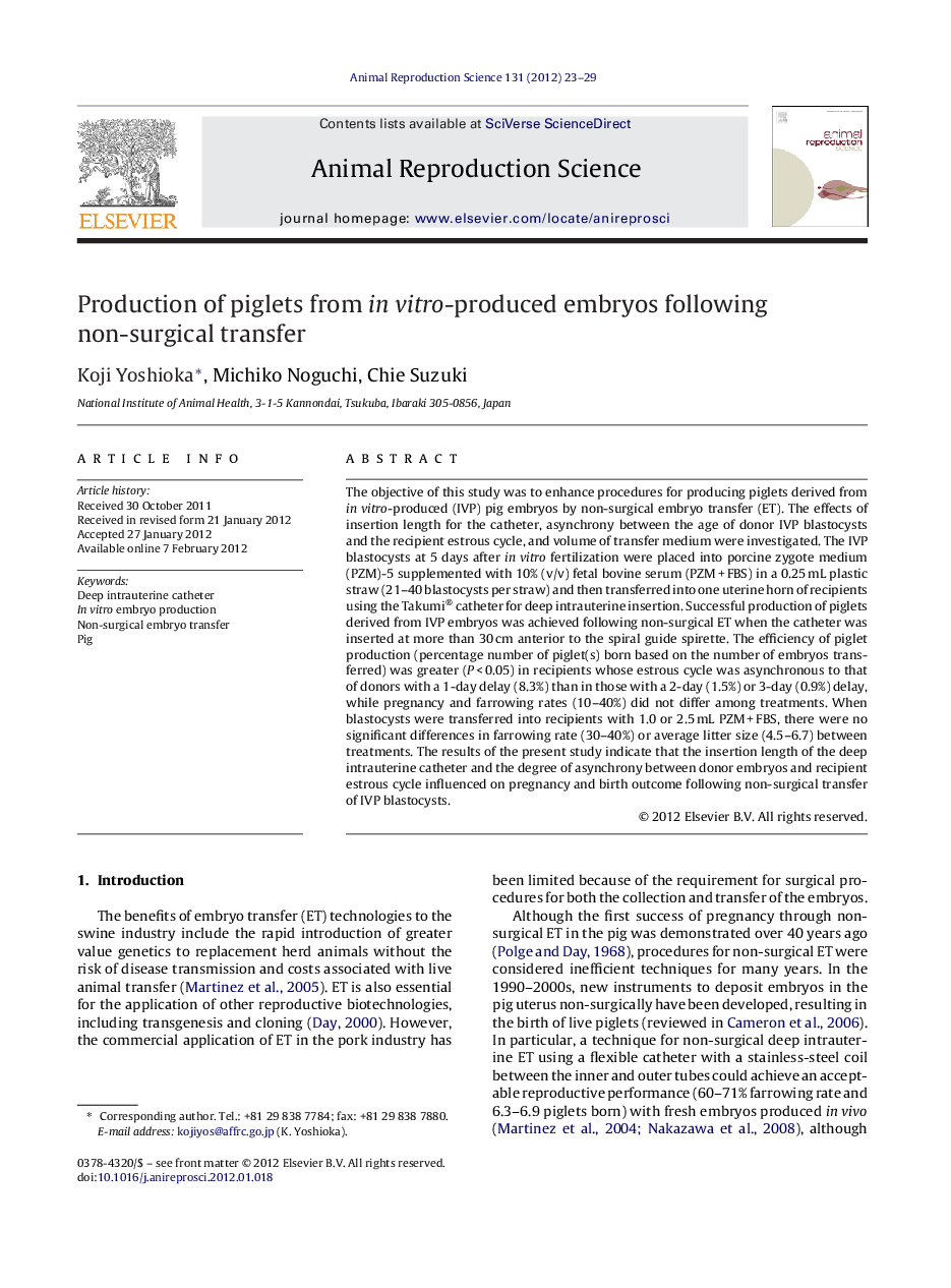 Production of piglets from in vitro-produced embryos following non-surgical transfer