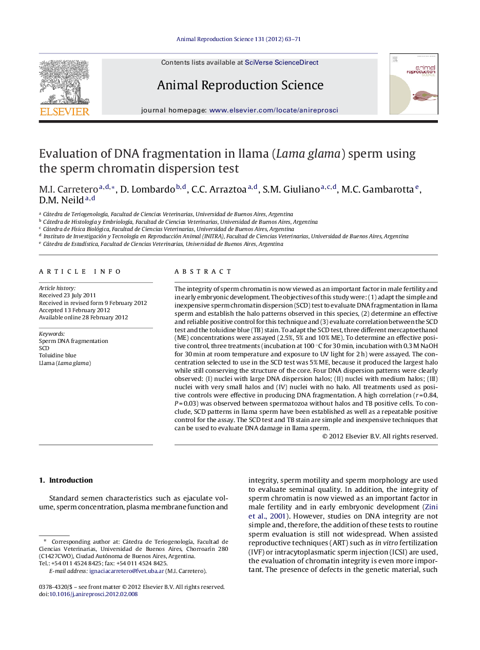 Evaluation of DNA fragmentation in llama (Lama glama) sperm using the sperm chromatin dispersion test