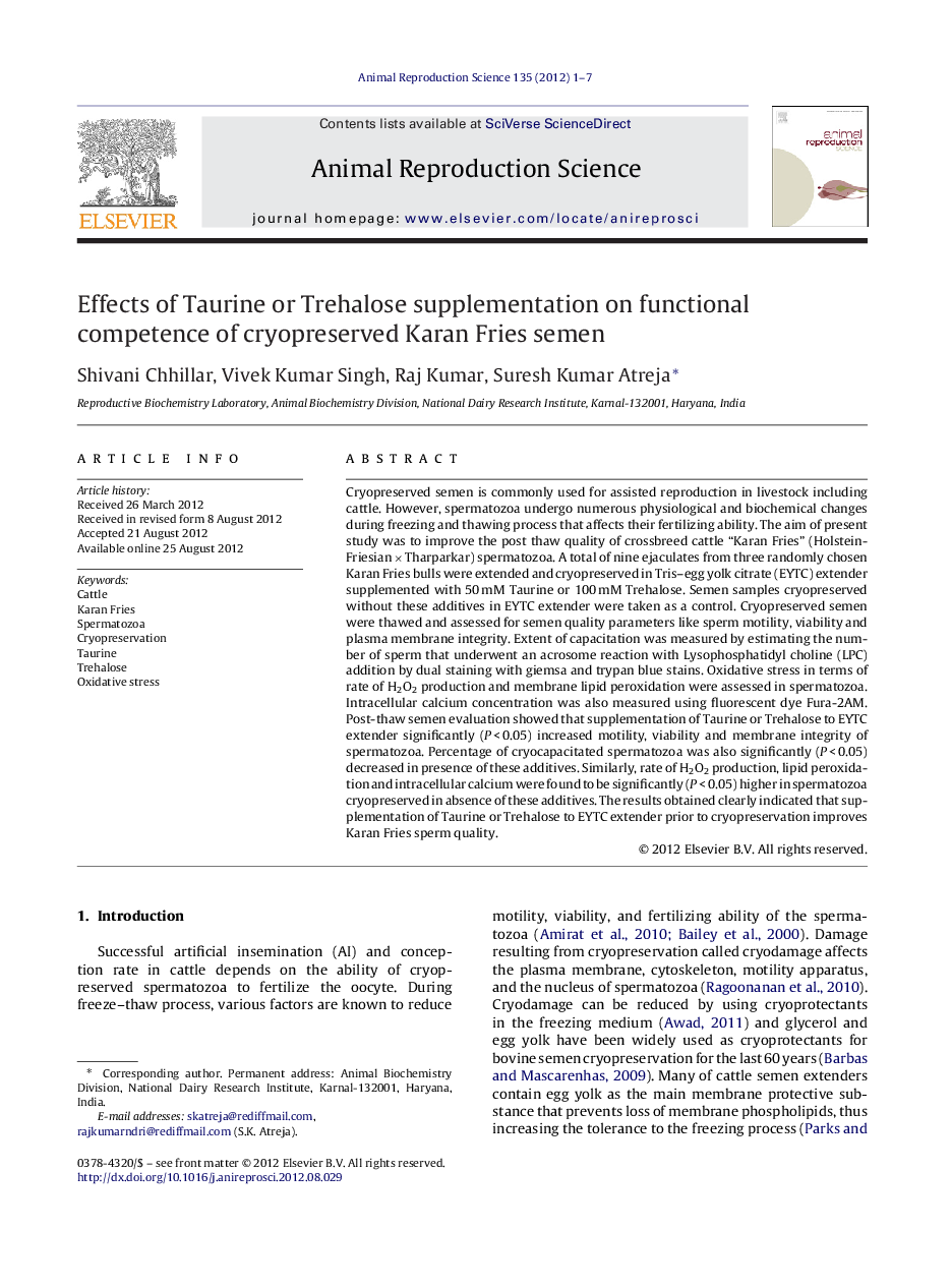 Effects of Taurine or Trehalose supplementation on functional competence of cryopreserved Karan Fries semen