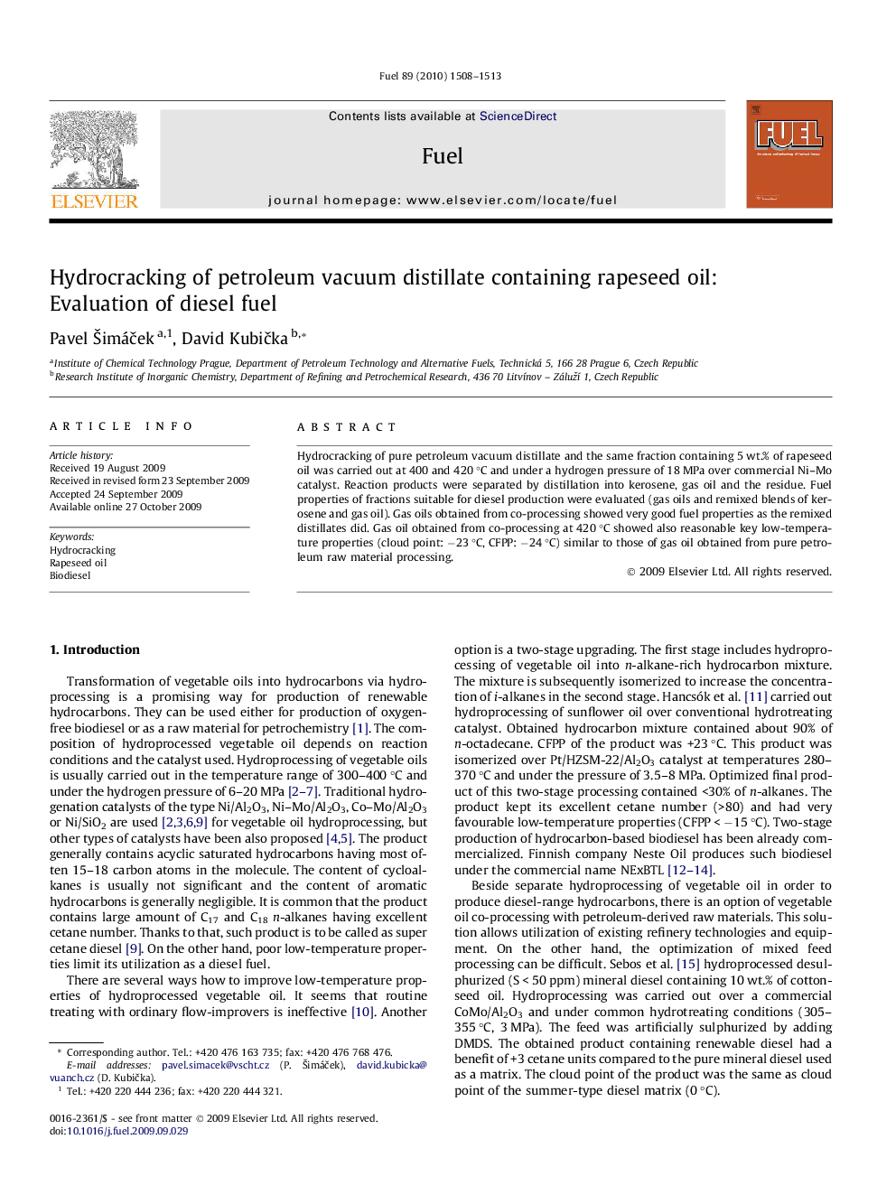 Hydrocracking of petroleum vacuum distillate containing rapeseed oil: Evaluation of diesel fuel