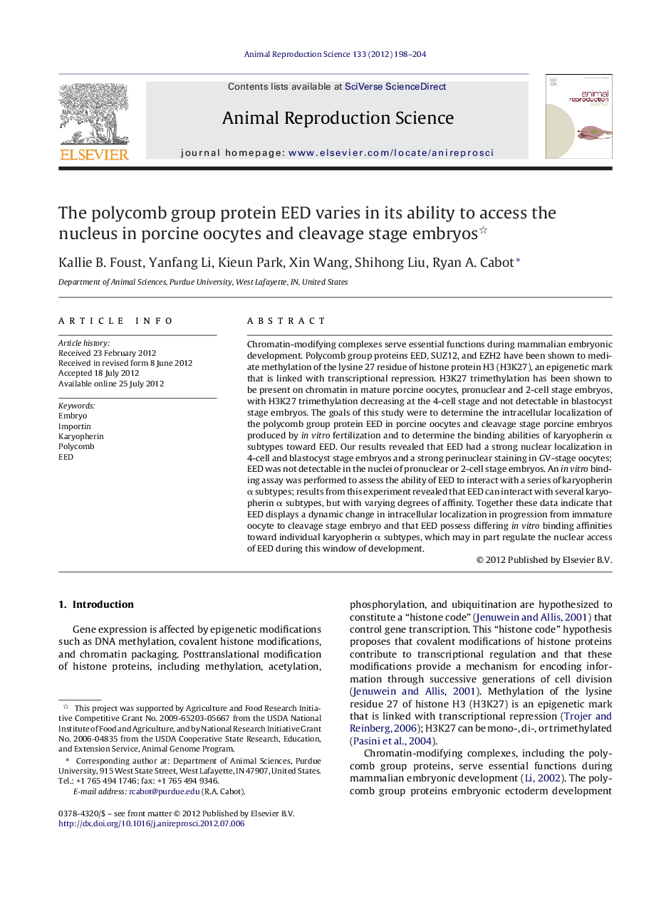 The polycomb group protein EED varies in its ability to access the nucleus in porcine oocytes and cleavage stage embryos 