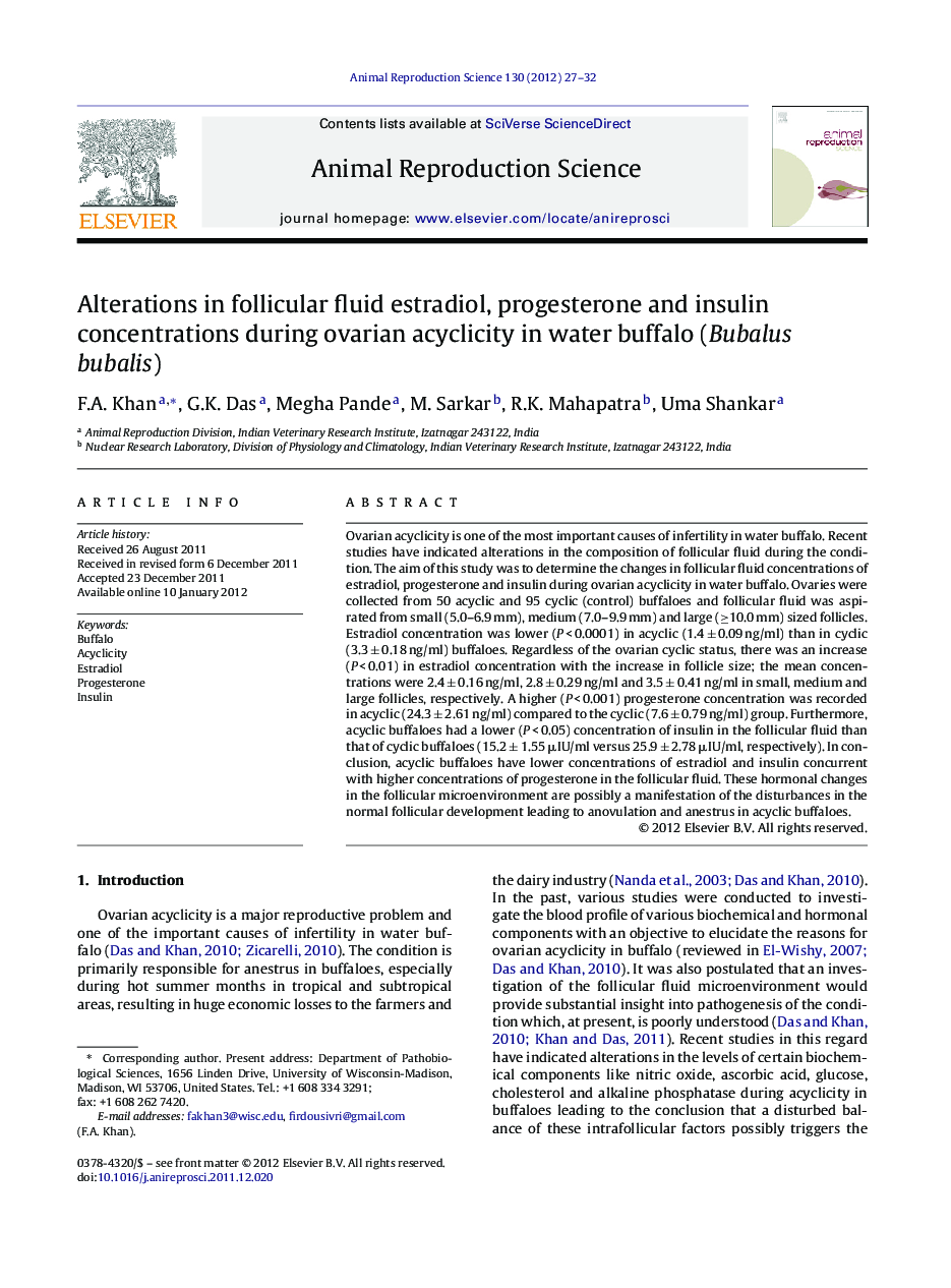 Alterations in follicular fluid estradiol, progesterone and insulin concentrations during ovarian acyclicity in water buffalo (Bubalus bubalis)