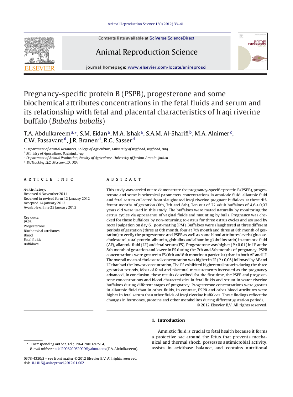 Pregnancy-specific protein B (PSPB), progesterone and some biochemical attributes concentrations in the fetal fluids and serum and its relationship with fetal and placental characteristics of Iraqi riverine buffalo (Bubalus bubalis)