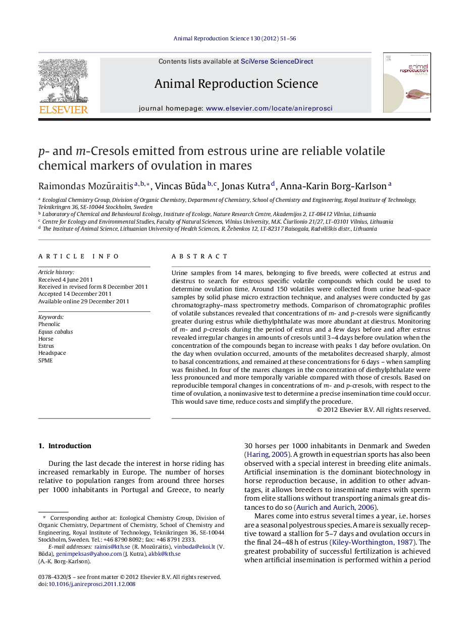 p- and m-Cresols emitted from estrous urine are reliable volatile chemical markers of ovulation in mares