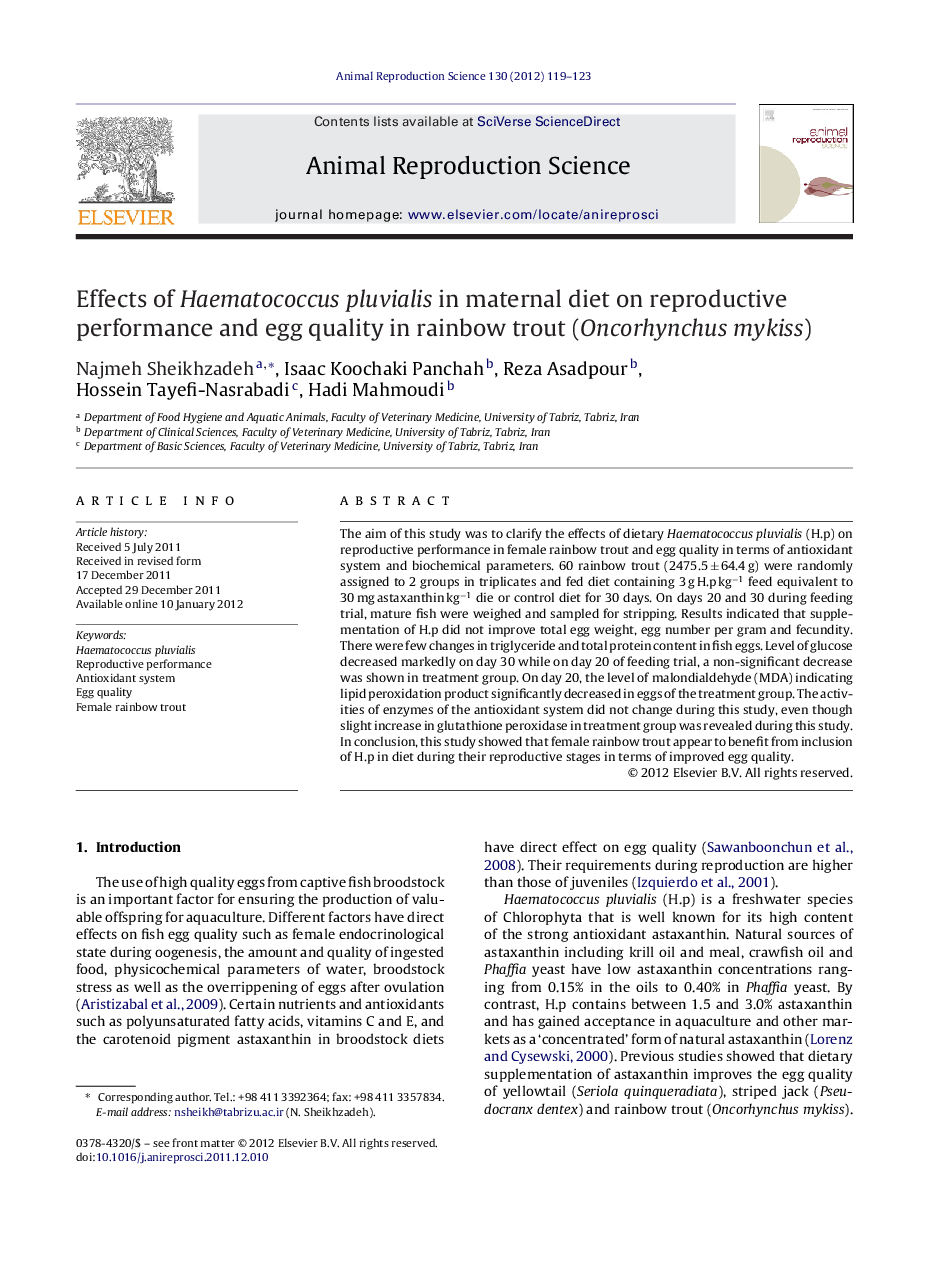 Effects of Haematococcus pluvialis in maternal diet on reproductive performance and egg quality in rainbow trout (Oncorhynchus mykiss)