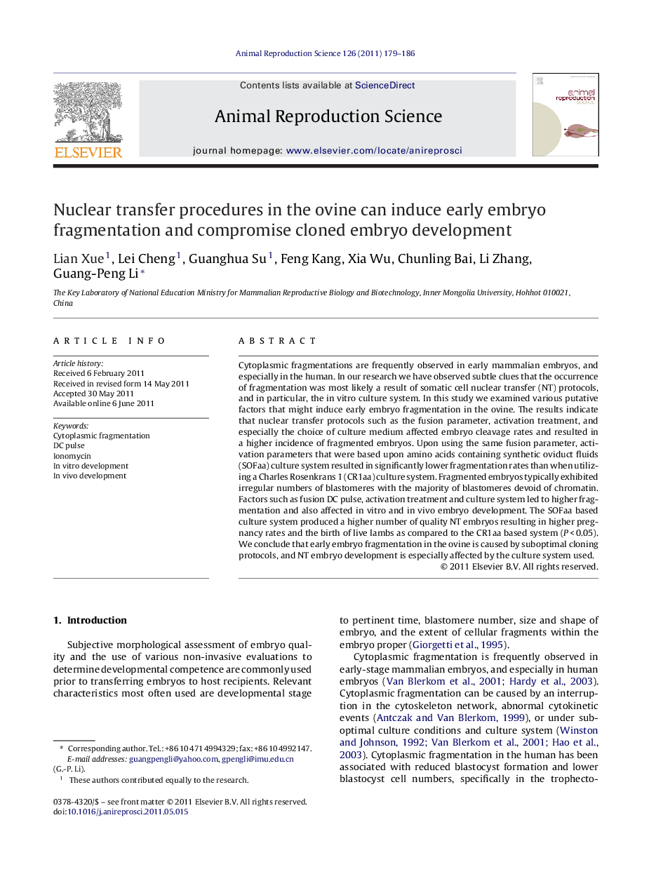 Nuclear transfer procedures in the ovine can induce early embryo fragmentation and compromise cloned embryo development