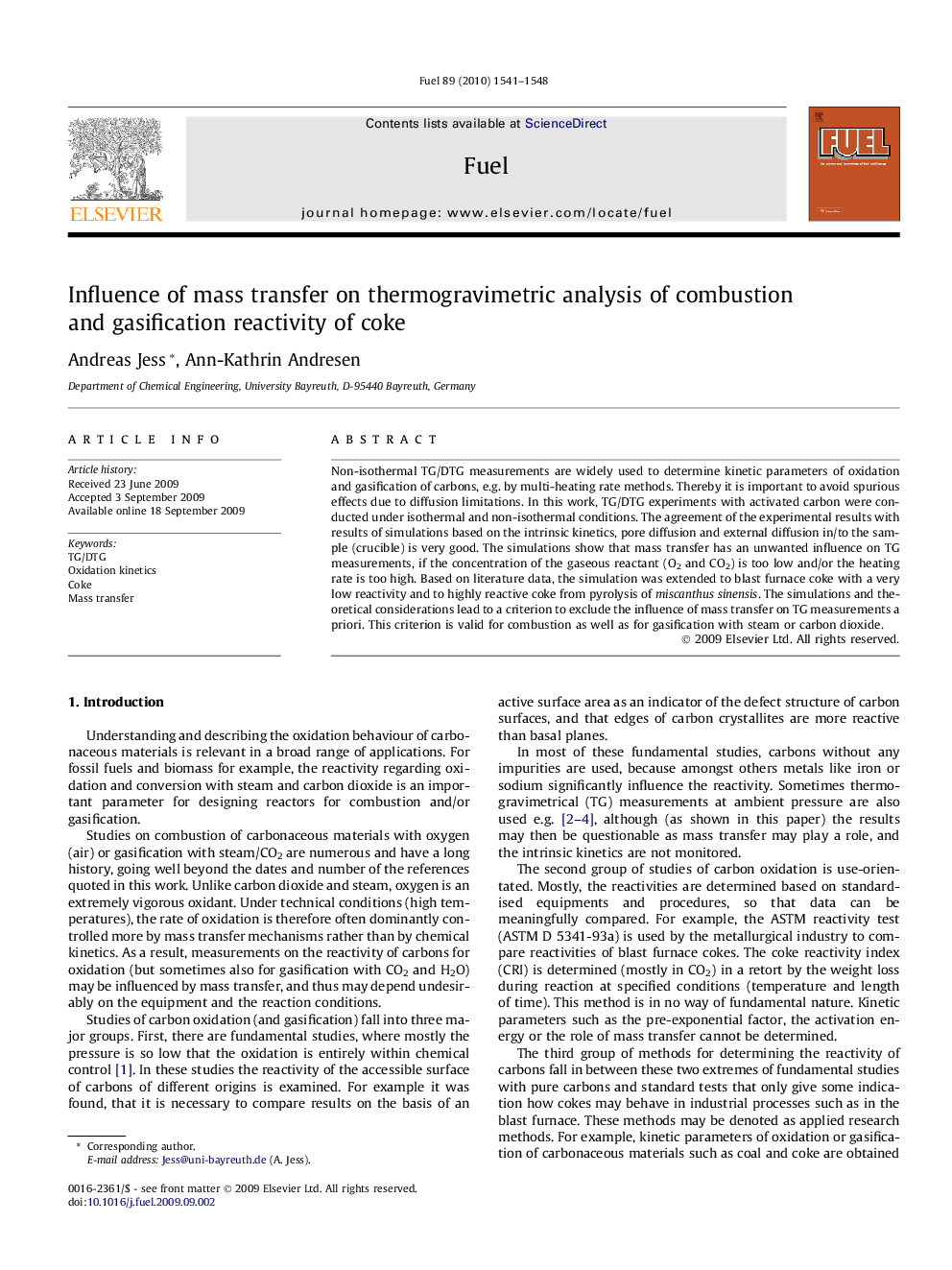 Influence of mass transfer on thermogravimetric analysis of combustion and gasification reactivity of coke