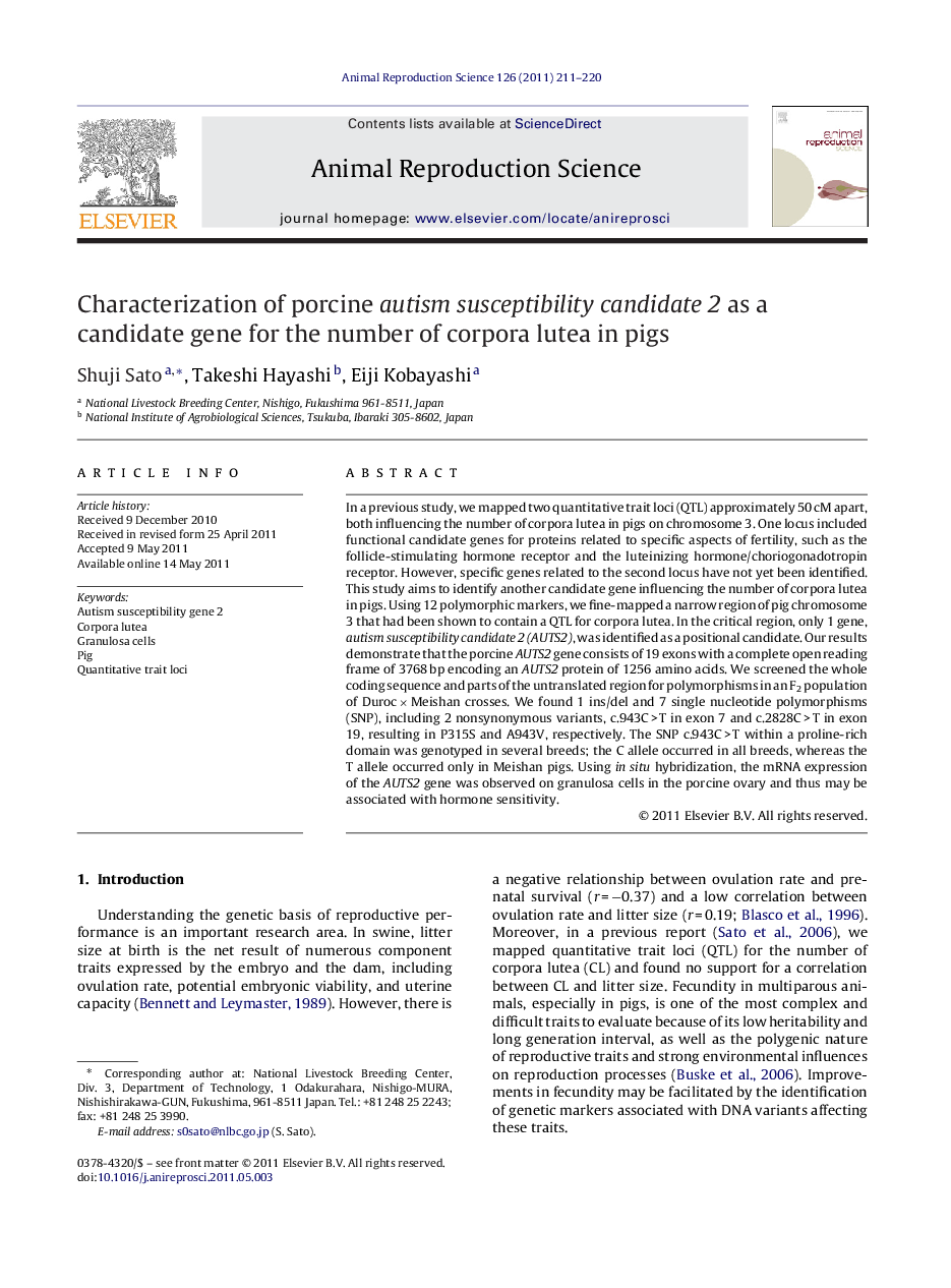 Characterization of porcine autism susceptibility candidate 2 as a candidate gene for the number of corpora lutea in pigs