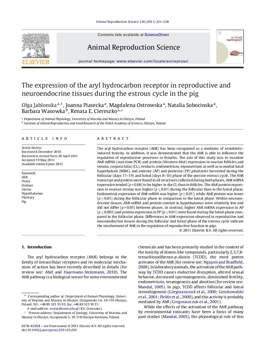 The expression of the aryl hydrocarbon receptor in reproductive and neuroendocrine tissues during the estrous cycle in the pig