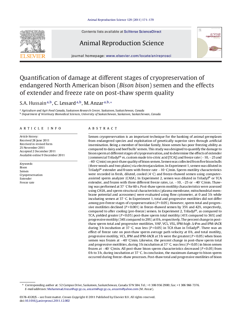 Quantification of damage at different stages of cryopreservation of endangered North American bison (Bison bison) semen and the effects of extender and freeze rate on post-thaw sperm quality