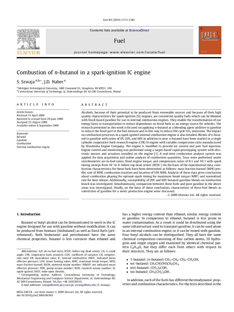 Combustion of n-butanol in a spark-ignition IC engine