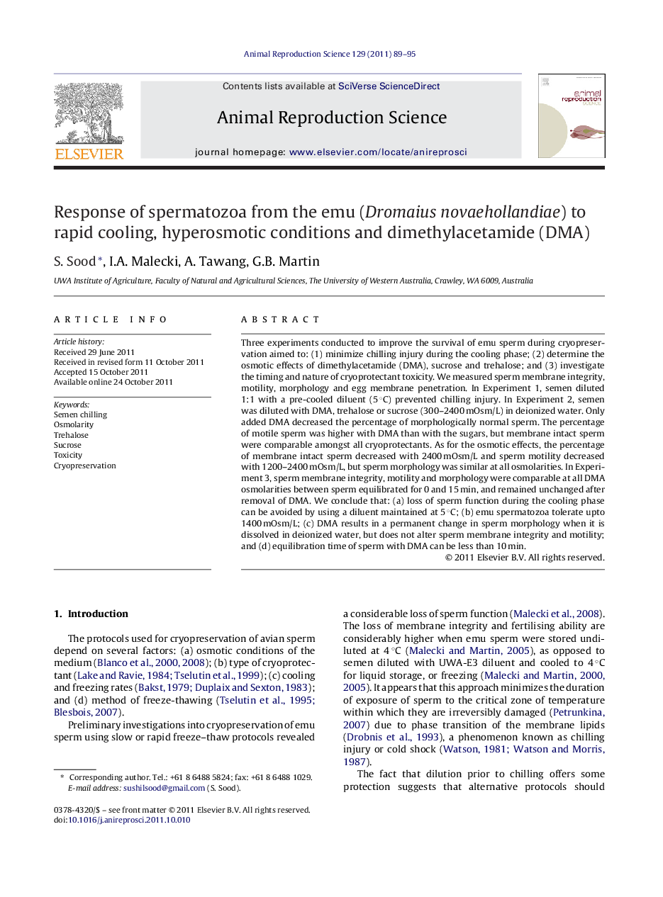 Response of spermatozoa from the emu (Dromaius novaehollandiae) to rapid cooling, hyperosmotic conditions and dimethylacetamide (DMA)