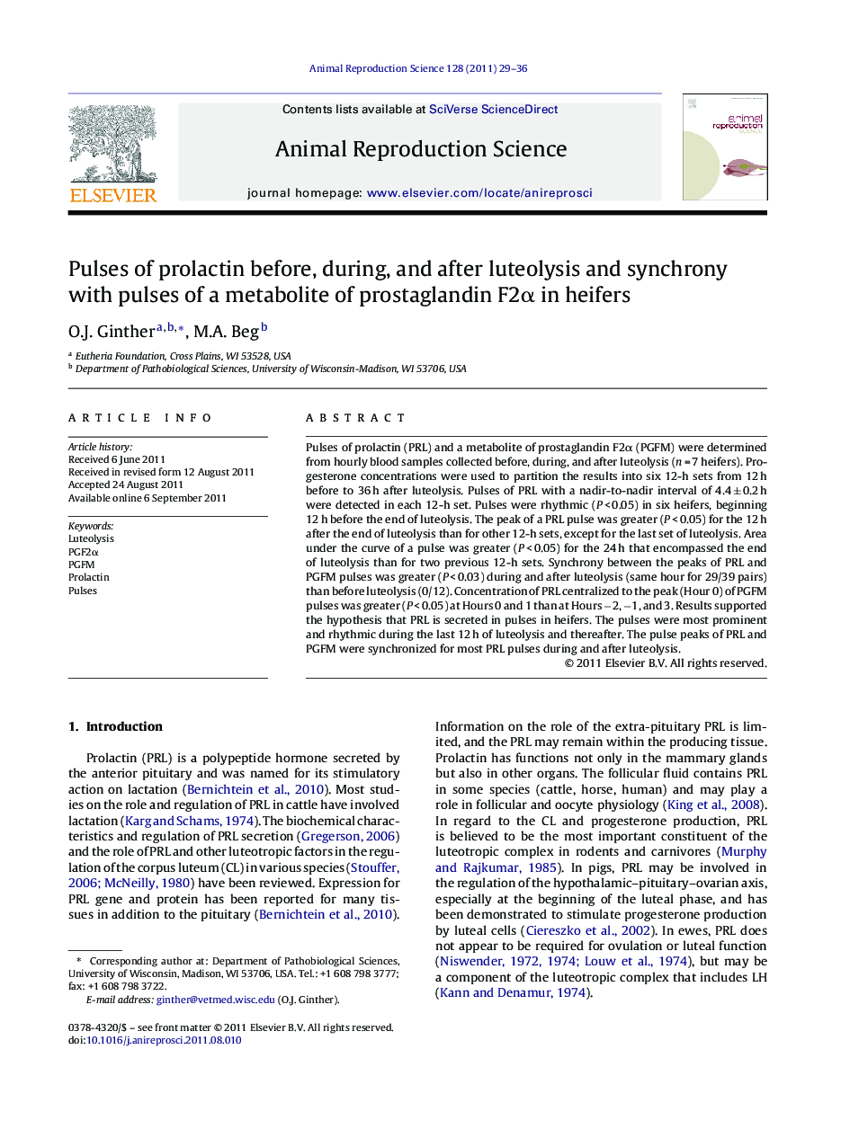 Pulses of prolactin before, during, and after luteolysis and synchrony with pulses of a metabolite of prostaglandin F2α in heifers