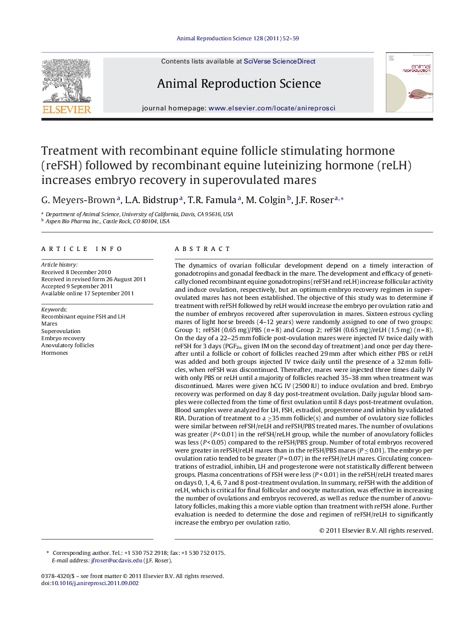 Treatment with recombinant equine follicle stimulating hormone (reFSH) followed by recombinant equine luteinizing hormone (reLH) increases embryo recovery in superovulated mares