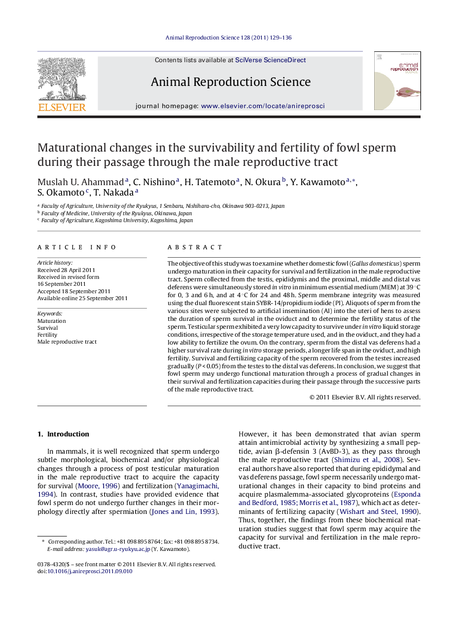 Maturational changes in the survivability and fertility of fowl sperm during their passage through the male reproductive tract