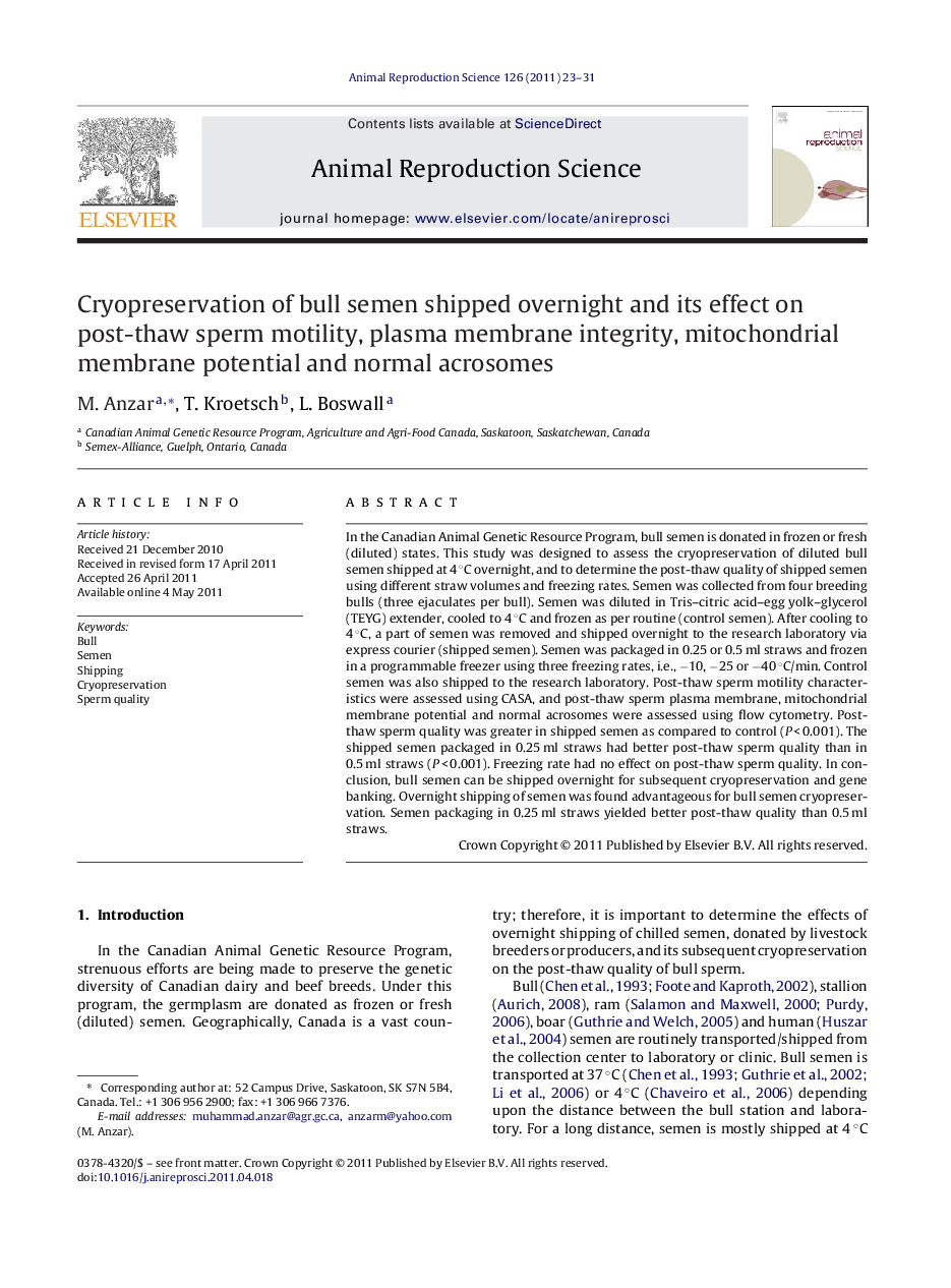 Cryopreservation of bull semen shipped overnight and its effect on post-thaw sperm motility, plasma membrane integrity, mitochondrial membrane potential and normal acrosomes