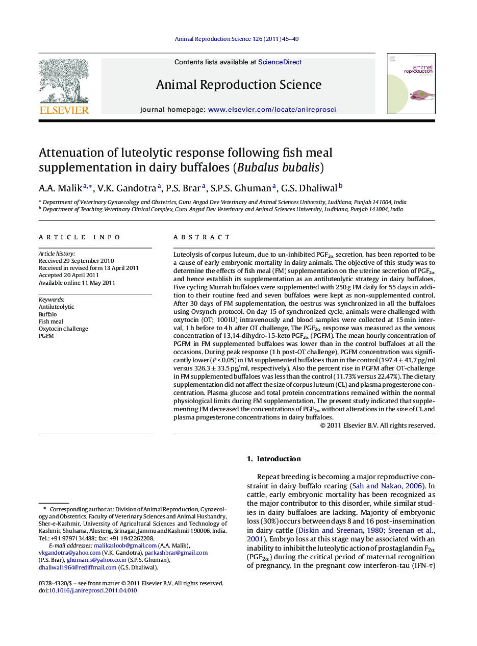 Attenuation of luteolytic response following fish meal supplementation in dairy buffaloes (Bubalus bubalis)