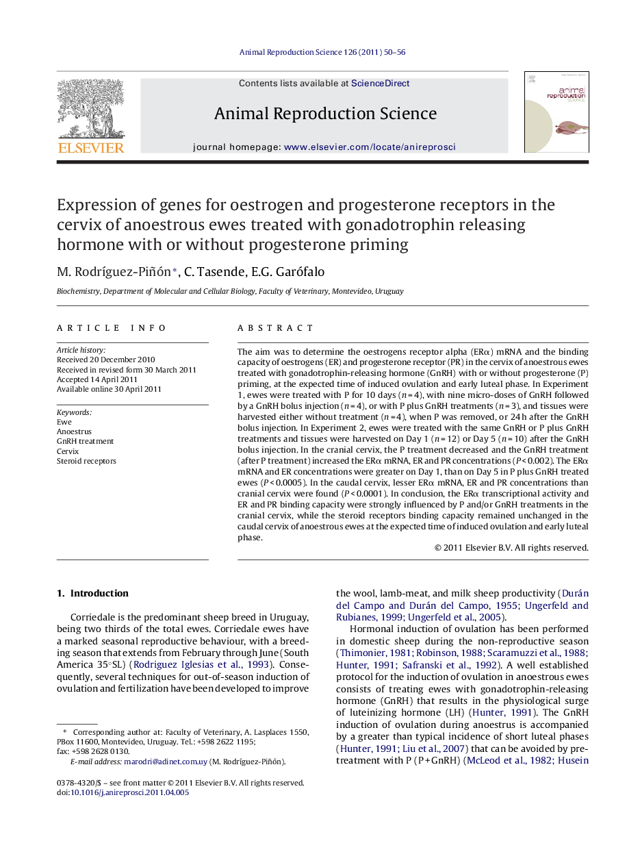 Expression of genes for oestrogen and progesterone receptors in the cervix of anoestrous ewes treated with gonadotrophin releasing hormone with or without progesterone priming