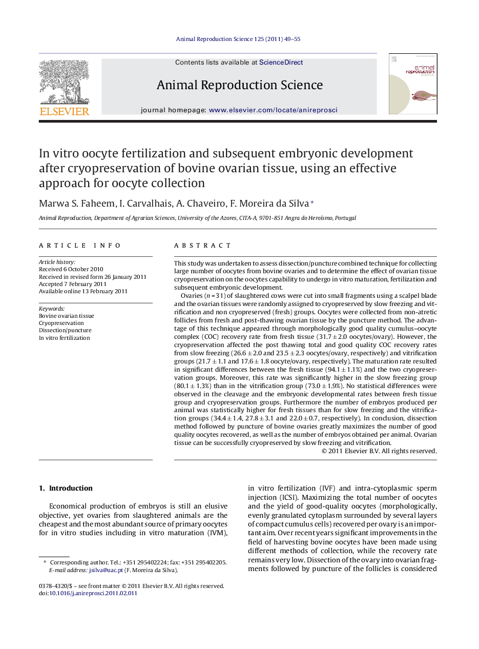 In vitro oocyte fertilization and subsequent embryonic development after cryopreservation of bovine ovarian tissue, using an effective approach for oocyte collection