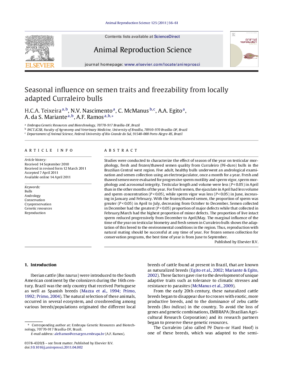 Seasonal influence on semen traits and freezability from locally adapted Curraleiro bulls