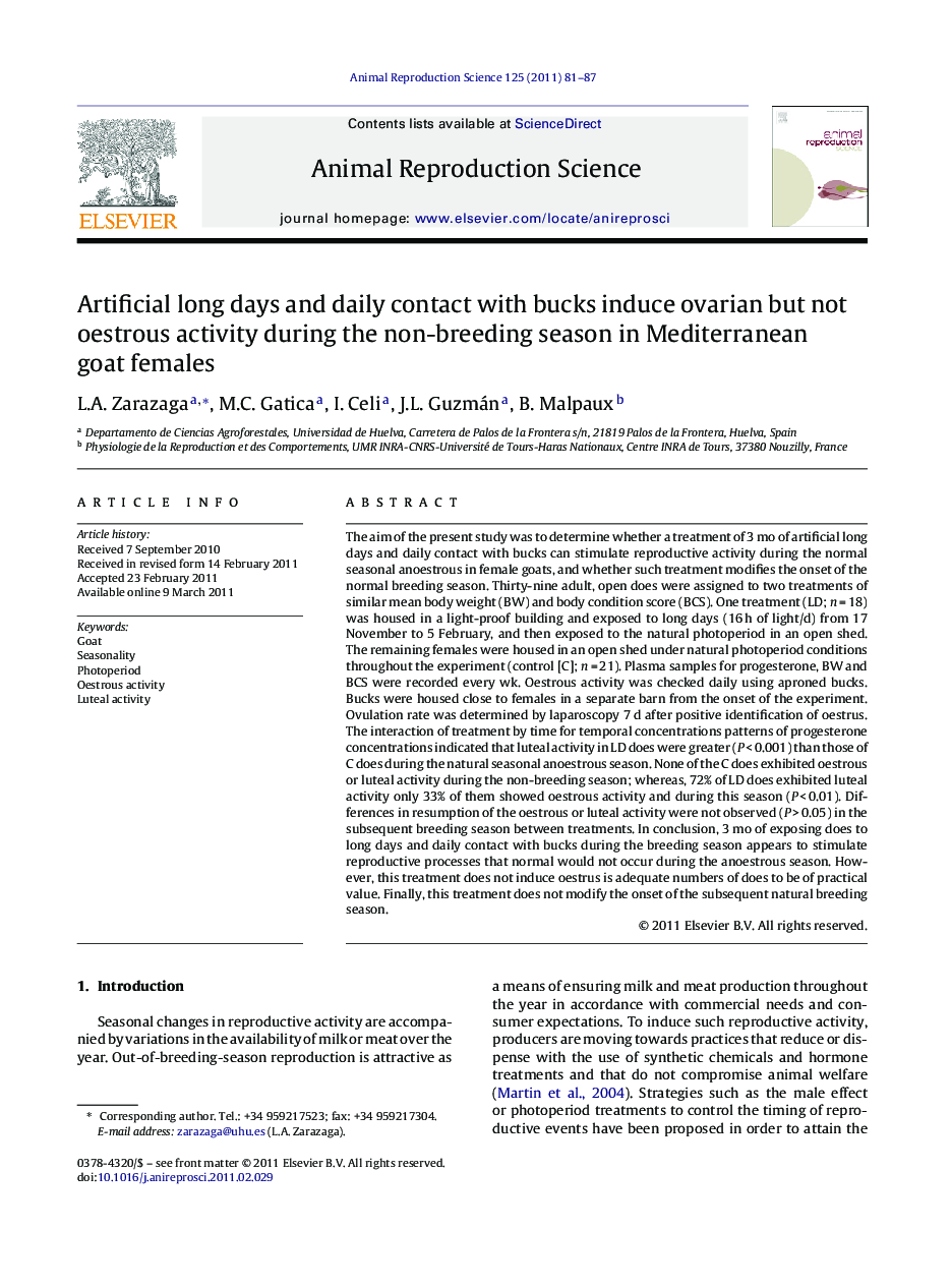 Artificial long days and daily contact with bucks induce ovarian but not oestrous activity during the non-breeding season in Mediterranean goat females