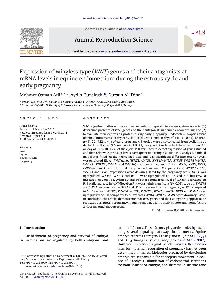 Expression of wingless type (WNT) genes and their antagonists at mRNA levels in equine endometrium during the estrous cycle and early pregnancy