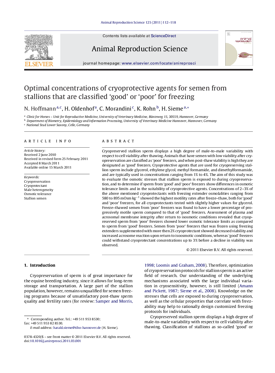 Optimal concentrations of cryoprotective agents for semen from stallions that are classified ‘good’ or ‘poor’ for freezing