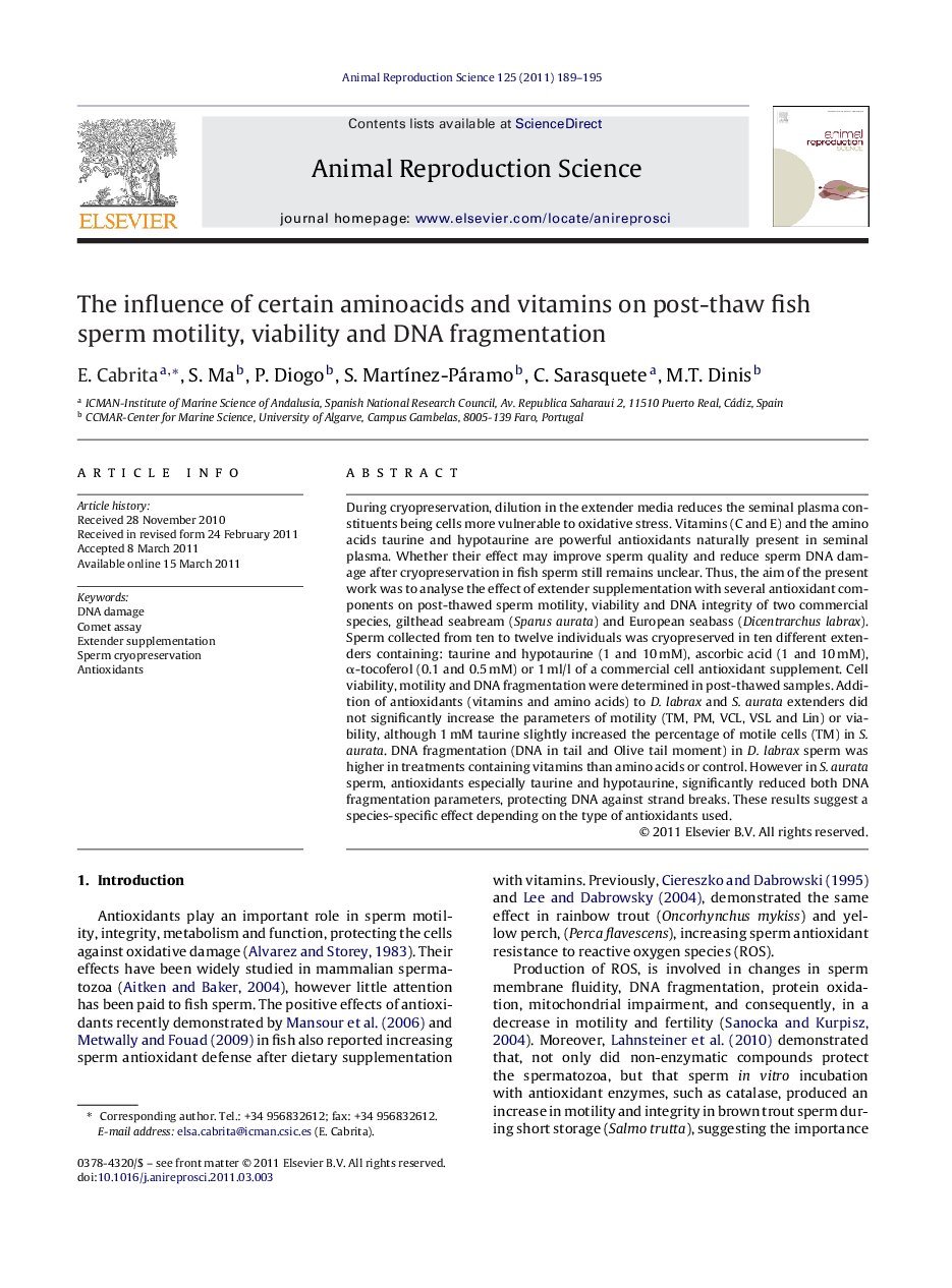 The influence of certain aminoacids and vitamins on post-thaw fish sperm motility, viability and DNA fragmentation