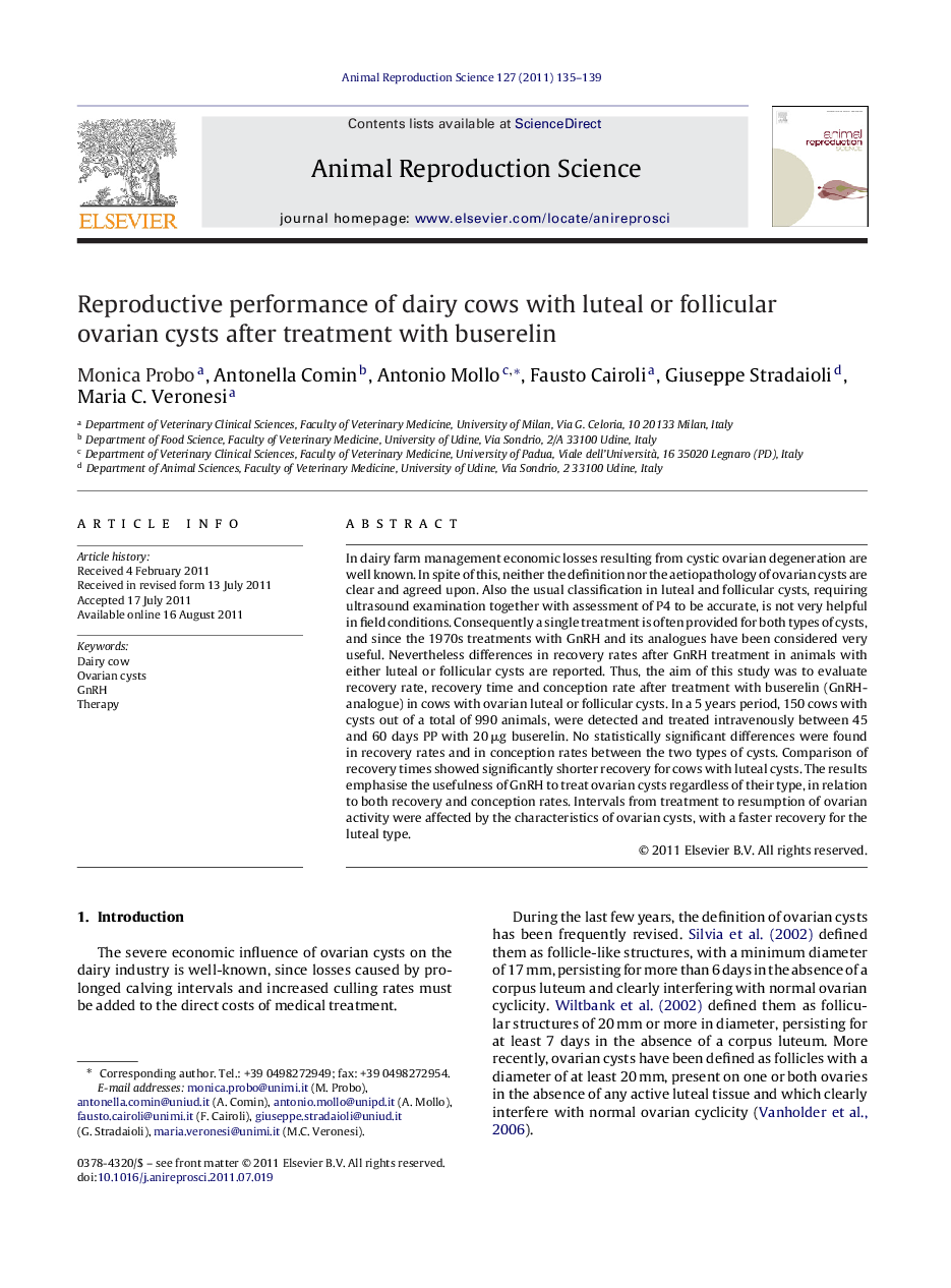 Reproductive performance of dairy cows with luteal or follicular ovarian cysts after treatment with buserelin