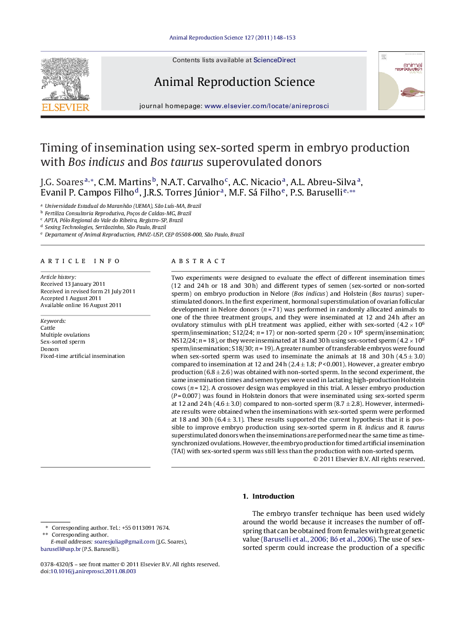 Timing of insemination using sex-sorted sperm in embryo production with Bos indicus and Bos taurus superovulated donors