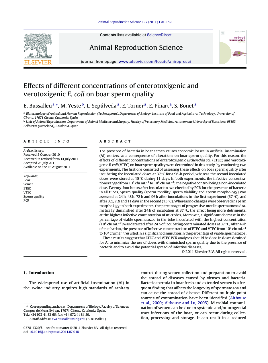 Effects of different concentrations of enterotoxigenic and verotoxigenic E. coli on boar sperm quality