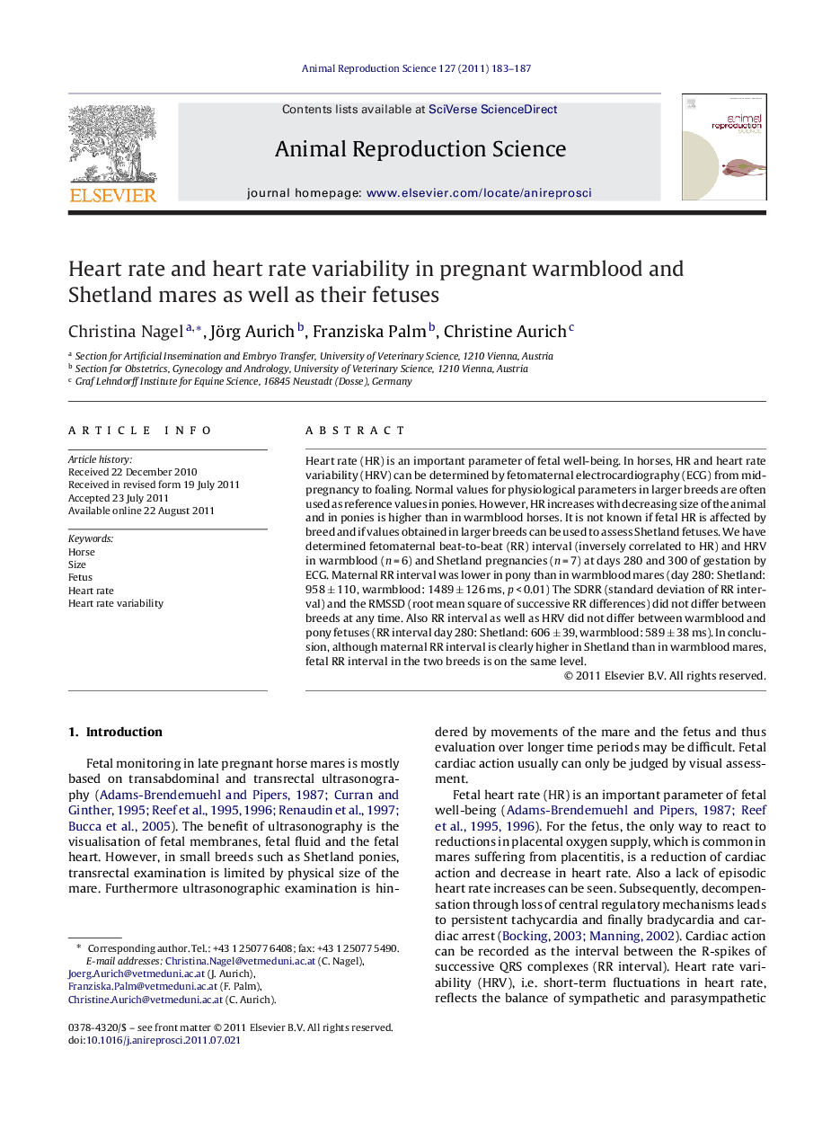 Heart rate and heart rate variability in pregnant warmblood and Shetland mares as well as their fetuses