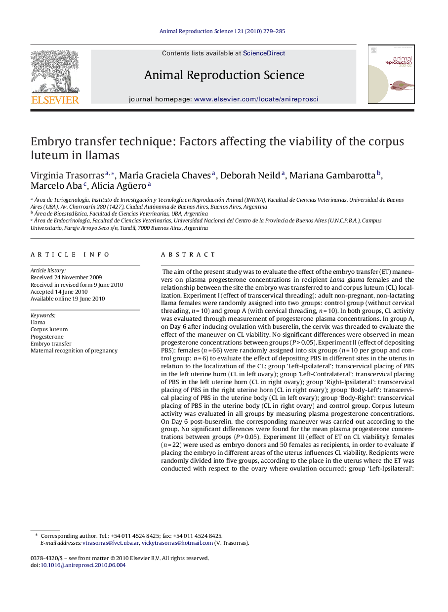 Embryo transfer technique: Factors affecting the viability of the corpus luteum in llamas