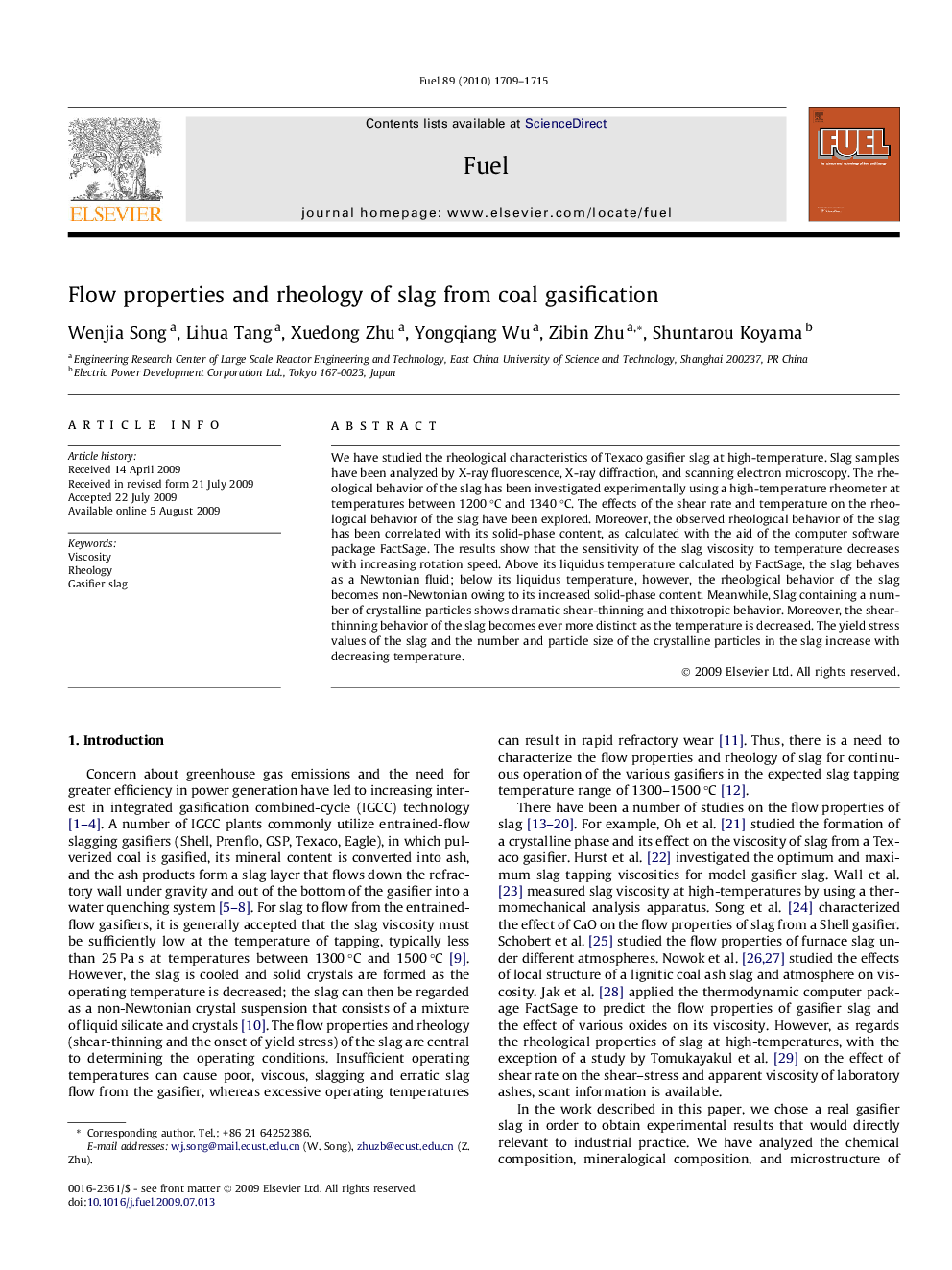 Flow properties and rheology of slag from coal gasification