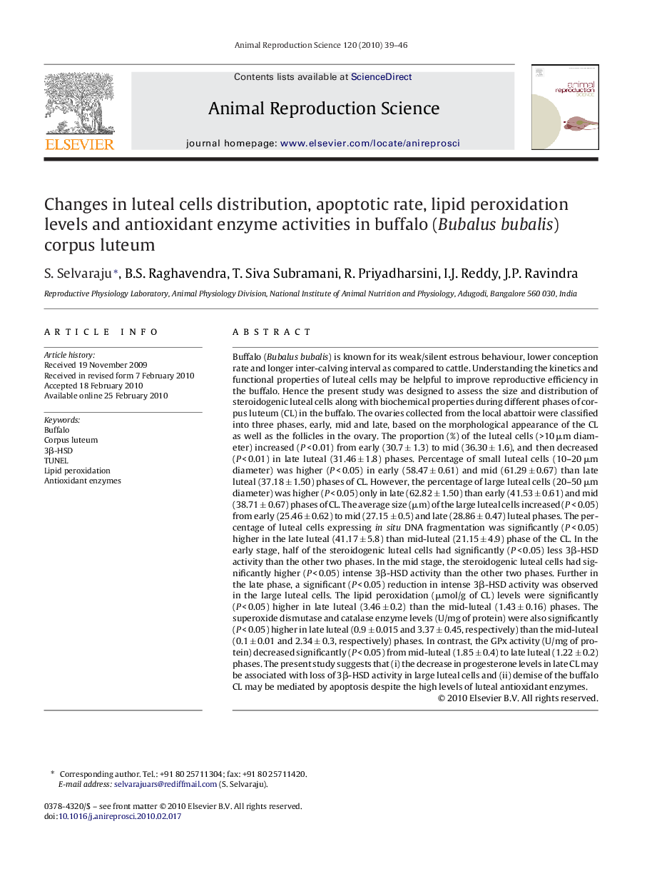 Changes in luteal cells distribution, apoptotic rate, lipid peroxidation levels and antioxidant enzyme activities in buffalo (Bubalus bubalis) corpus luteum