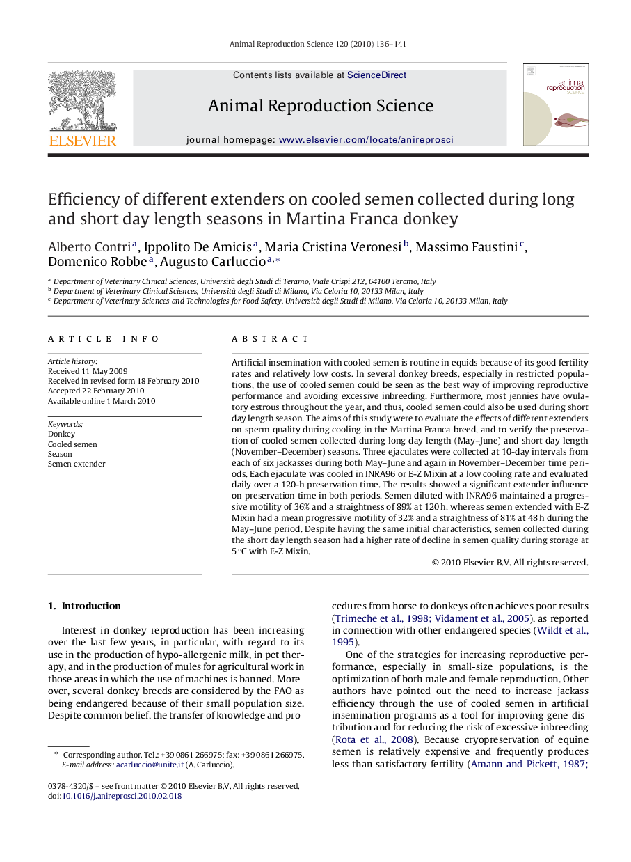 Efficiency of different extenders on cooled semen collected during long and short day length seasons in Martina Franca donkey