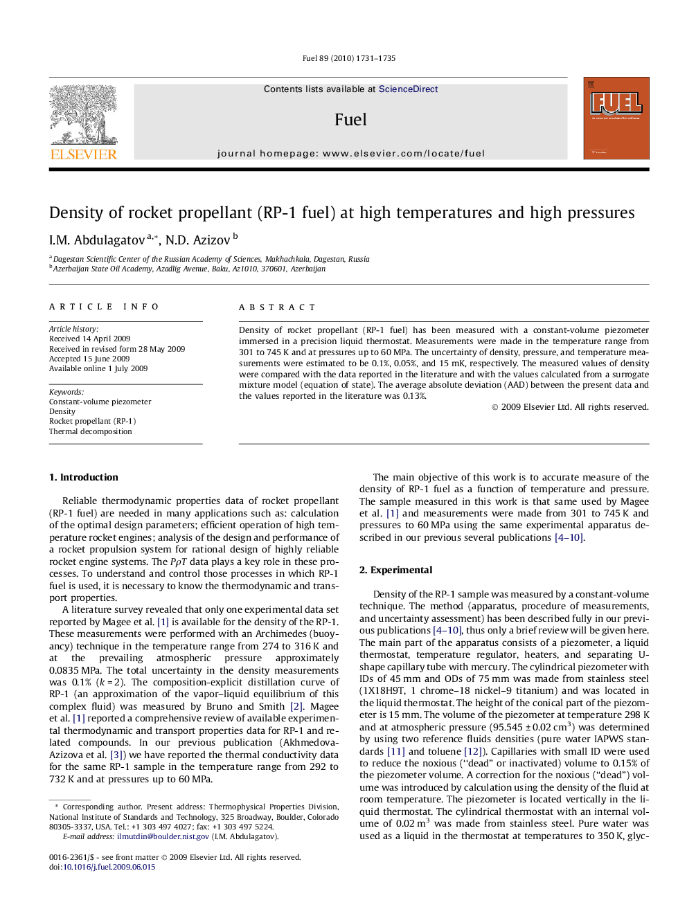 Density of rocket propellant (RP-1 fuel) at high temperatures and high pressures