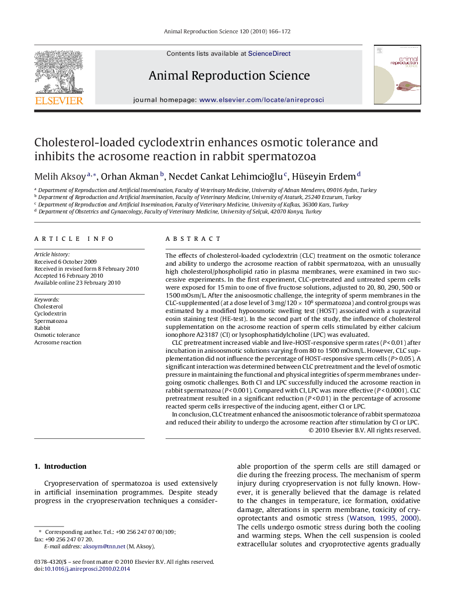 عکس صفحه اول مقاله: Cholesterol-loaded cyclodextrin enhances osmotic tolerance and inhibits the acrosome reaction in rabbit spermatozoa Cholesterol-loaded cyclodextrin enhances osmotic tolerance and inhibits the acrosome reaction in rabbit spermatozoa