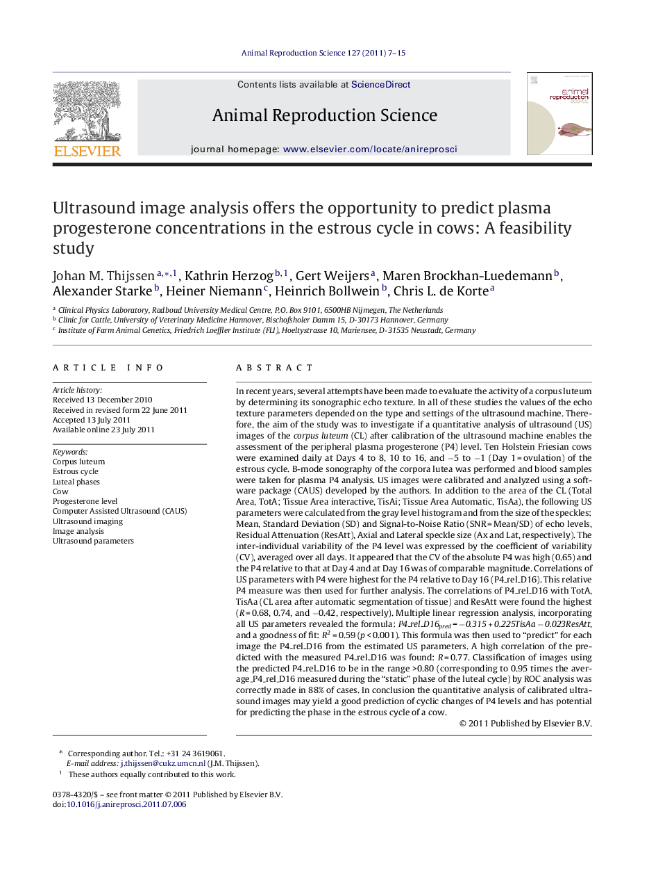 Ultrasound image analysis offers the opportunity to predict plasma progesterone concentrations in the estrous cycle in cows: A feasibility study